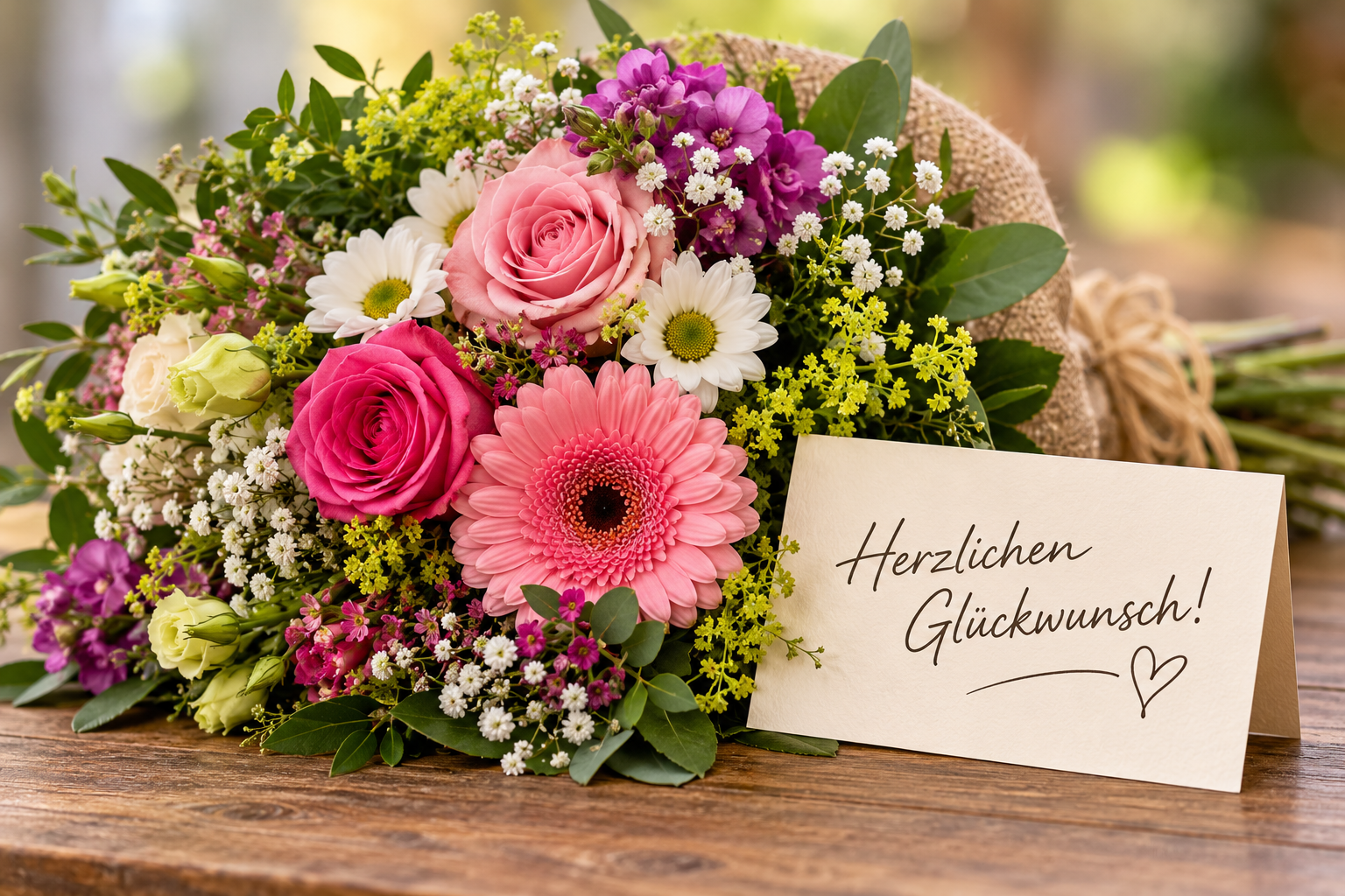Blumenstrauß mit Glückwunschkarte