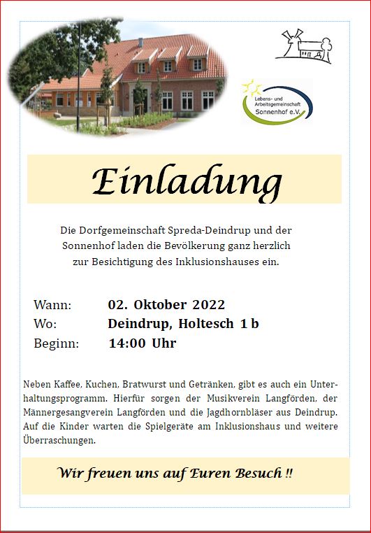 Einladung zur Einweihung des Inklusionshauses